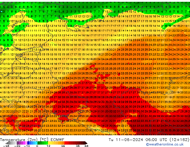 Temperature (2m) ECMWF Út 11.06.2024 06 UTC