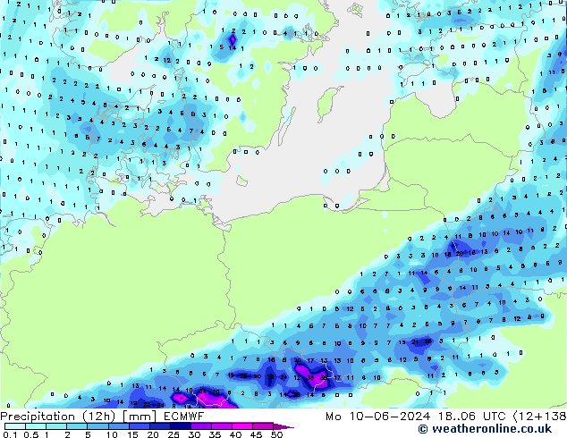 Precipitación (12h) ECMWF lun 10.06.2024 06 UTC