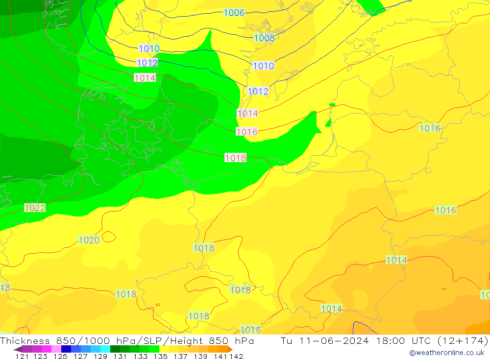 Dikte 850-1000 hPa ECMWF di 11.06.2024 18 UTC