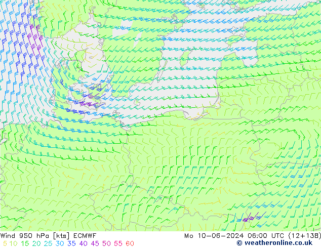 Viento 950 hPa ECMWF lun 10.06.2024 06 UTC