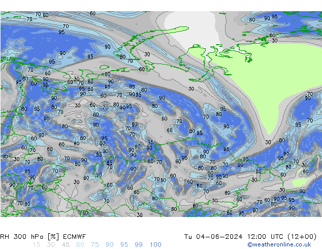 Humidité rel. 300 hPa ECMWF mar 04.06.2024 12 UTC