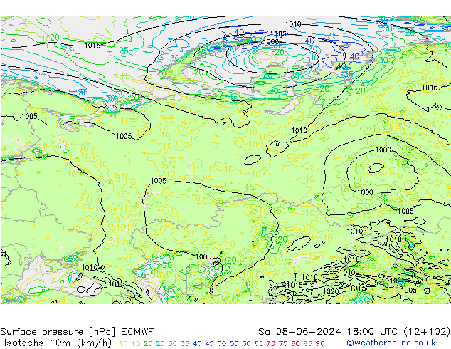 Isotachs (kph) ECMWF So 08.06.2024 18 UTC