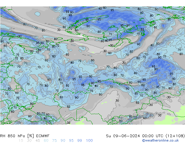 RH 850 hPa ECMWF Su 09.06.2024 00 UTC