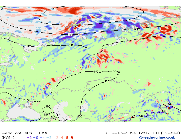 T-Adv. 850 hPa ECMWF vr 14.06.2024 12 UTC