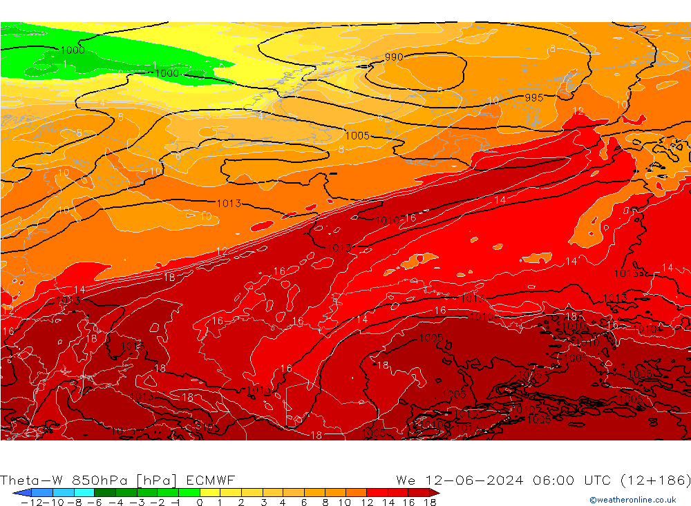 Theta-W 850гПа ECMWF ср 12.06.2024 06 UTC