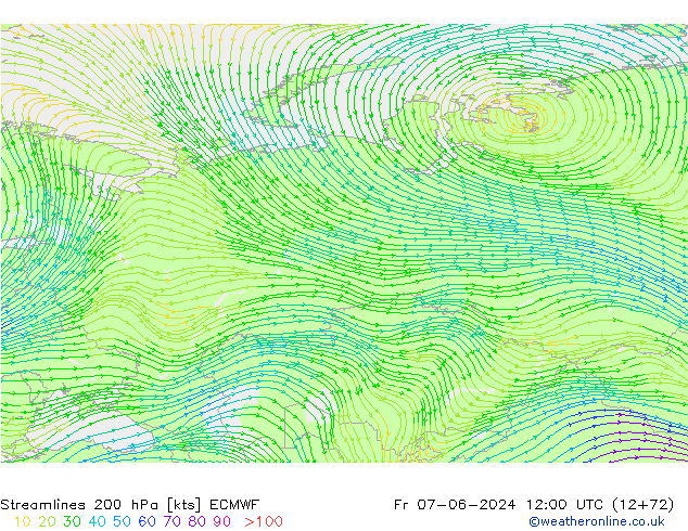 Stroomlijn 200 hPa ECMWF vr 07.06.2024 12 UTC