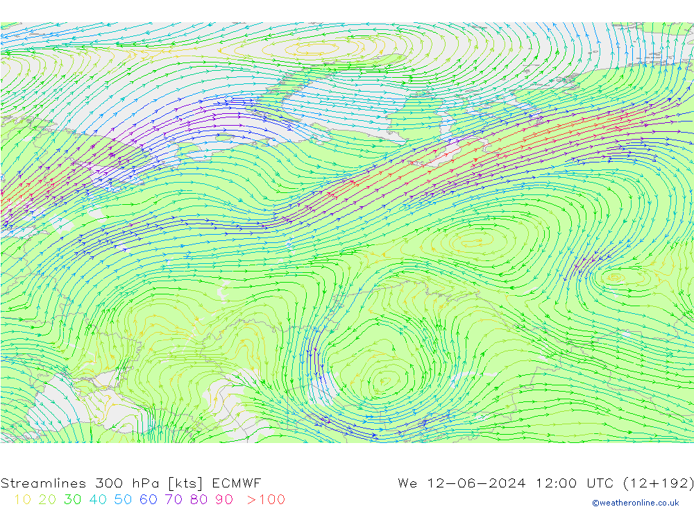 Linia prądu 300 hPa ECMWF śro. 12.06.2024 12 UTC