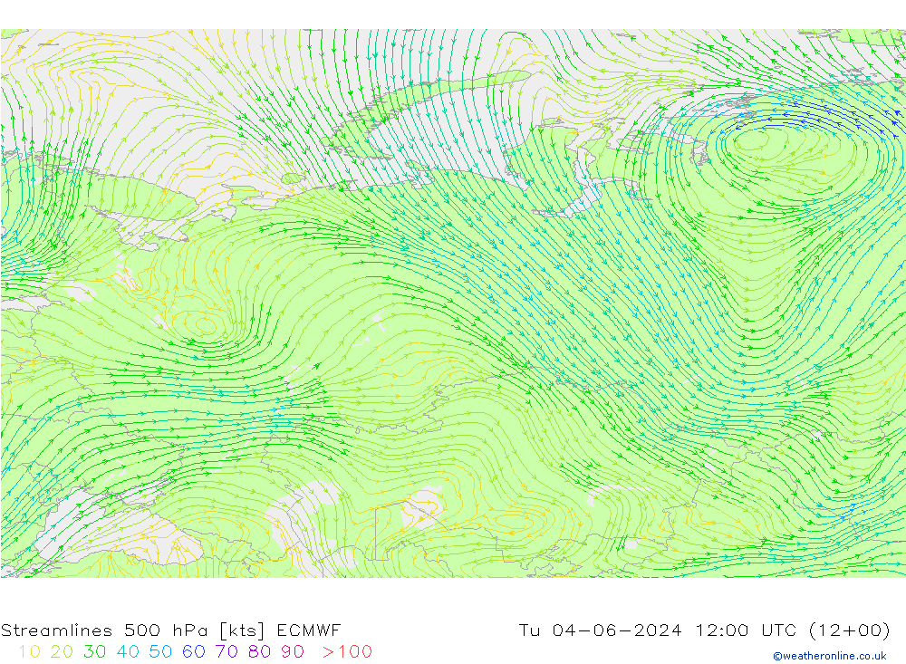 Streamlines 500 hPa ECMWF Tu 04.06.2024 12 UTC
