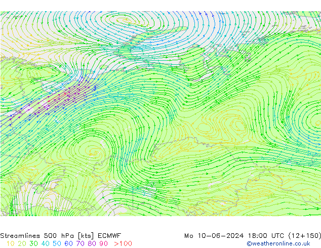 Linia prądu 500 hPa ECMWF pon. 10.06.2024 18 UTC