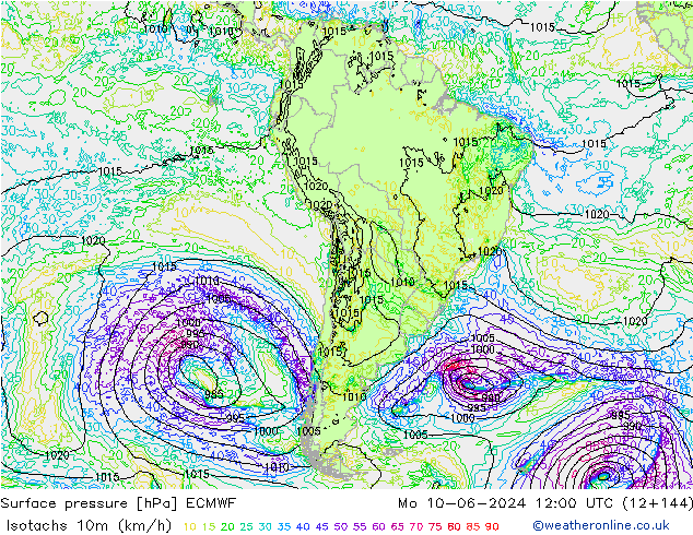 Isotachen (km/h) ECMWF ma 10.06.2024 12 UTC