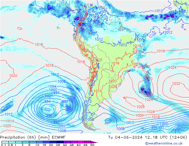 Totale neerslag (6h) ECMWF di 04.06.2024 18 UTC