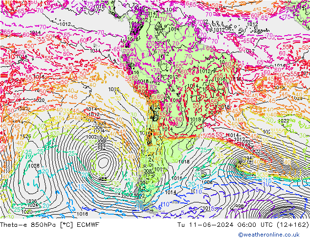 Theta-e 850hPa ECMWF Út 11.06.2024 06 UTC