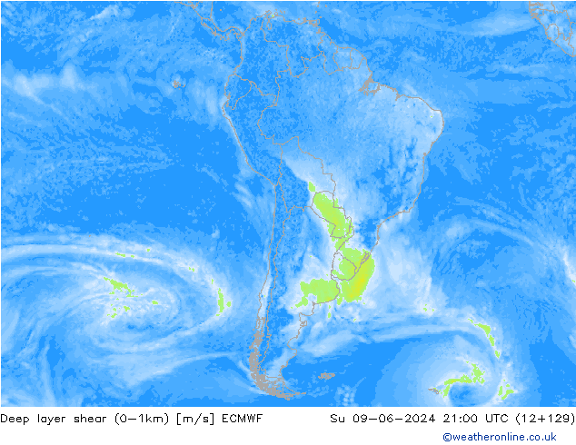 Deep layer shear (0-1km) ECMWF dom 09.06.2024 21 UTC