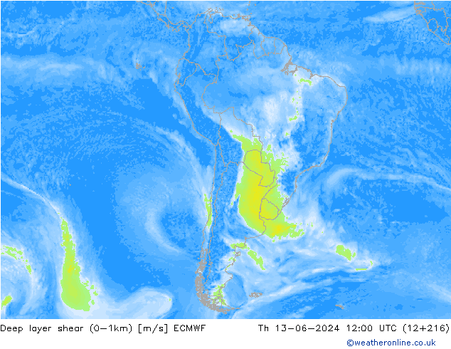 Deep layer shear (0-1km) ECMWF Th 13.06.2024 12 UTC