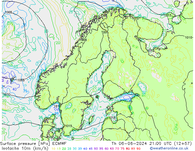 Izotacha (km/godz) ECMWF czw. 06.06.2024 21 UTC