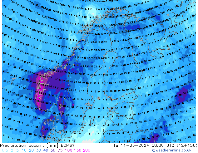 Precipitation accum. ECMWF вт 11.06.2024 00 UTC