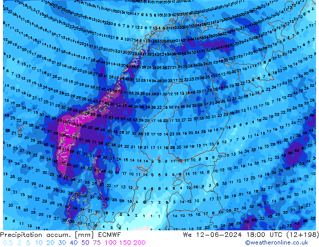 Precipitation accum. ECMWF mer 12.06.2024 18 UTC