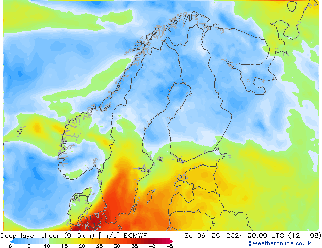 Deep layer shear (0-6km) ECMWF Ne 09.06.2024 00 UTC