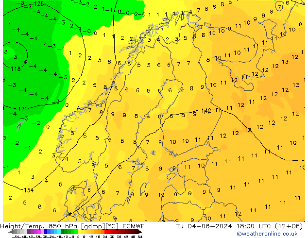 Height/Temp. 850 hPa ECMWF wto. 04.06.2024 18 UTC