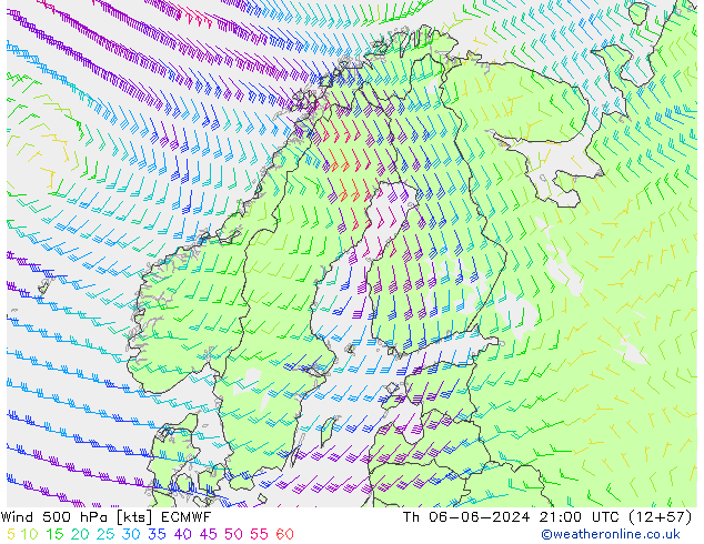 Wind 500 hPa ECMWF Čt 06.06.2024 21 UTC