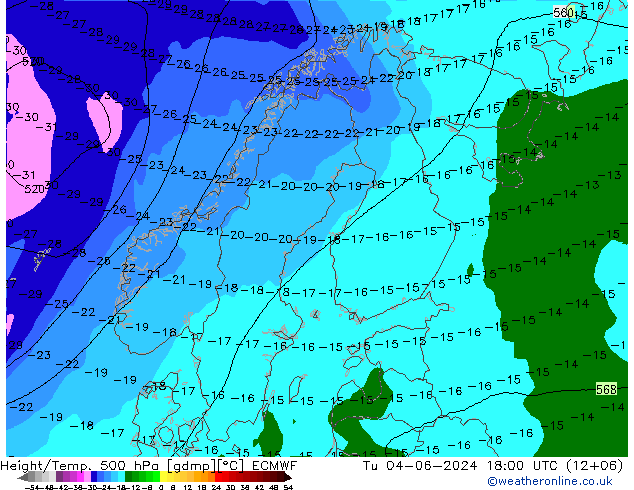 Height/Temp. 500 hPa ECMWF Di 04.06.2024 18 UTC