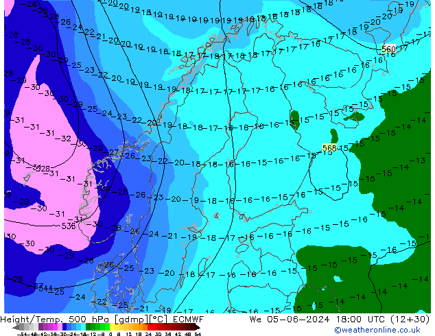 Height/Temp. 500 hPa ECMWF Qua 05.06.2024 18 UTC