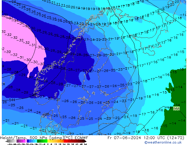 Z500/Rain (+SLP)/Z850 ECMWF Pá 07.06.2024 12 UTC