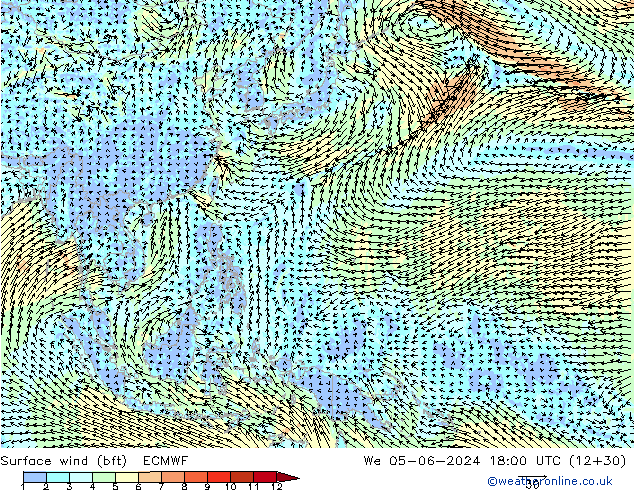 wiatr 10 m (bft) ECMWF śro. 05.06.2024 18 UTC
