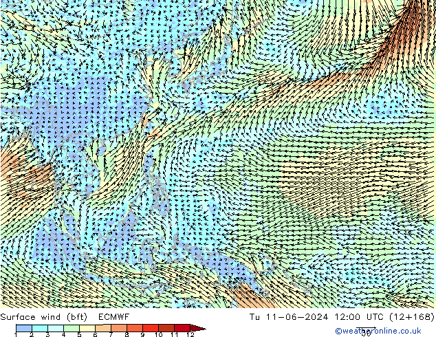 Surface wind (bft) ECMWF Út 11.06.2024 12 UTC