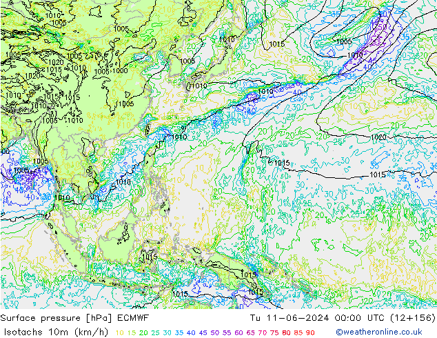 Isotachs (kph) ECMWF Tu 11.06.2024 00 UTC