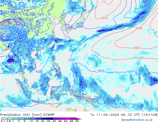 Precipitation (6h) ECMWF Út 11.06.2024 12 UTC