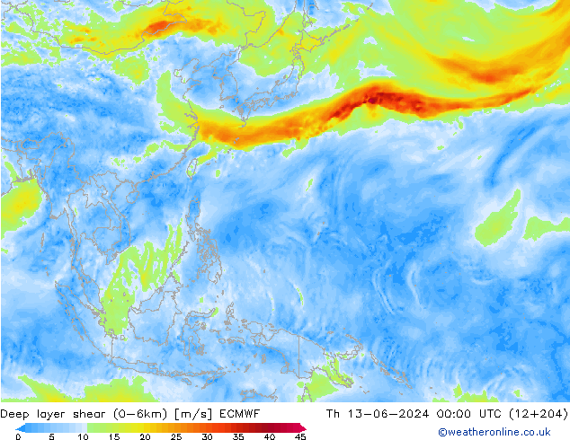 Deep layer shear (0-6km) ECMWF jeu 13.06.2024 00 UTC