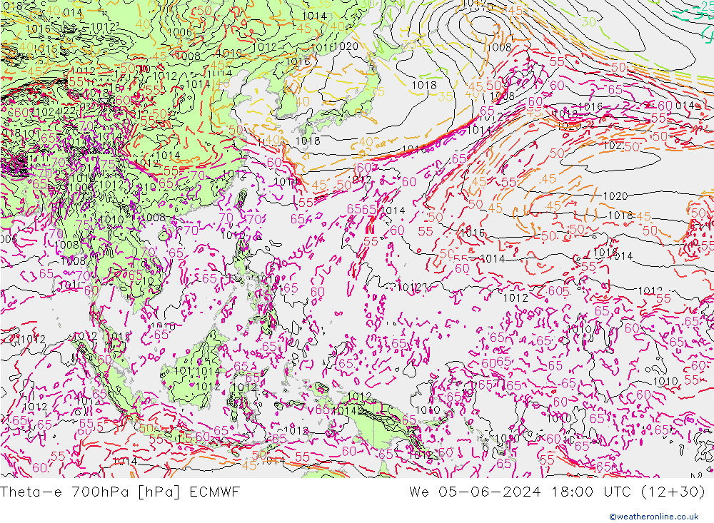 Theta-e 700hPa ECMWF mer 05.06.2024 18 UTC