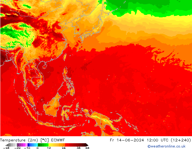 Temperature (2m) ECMWF Pá 14.06.2024 12 UTC