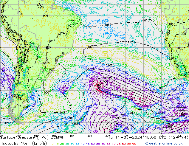 Isotachs (kph) ECMWF Tu 11.06.2024 18 UTC