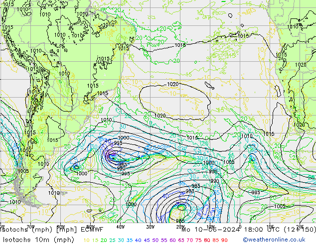 Isotachs (mph) ECMWF Po 10.06.2024 18 UTC