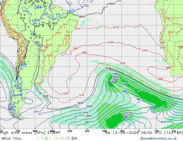 High wind areas ECMWF mer 12.06.2024 06 UTC