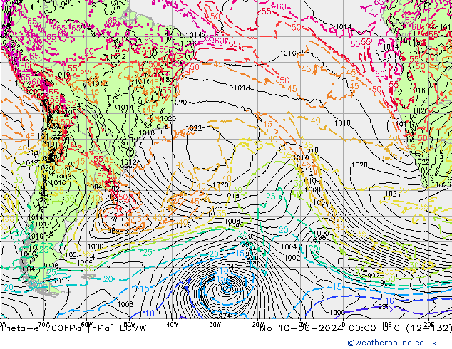 Theta-e 700hPa ECMWF lun 10.06.2024 00 UTC