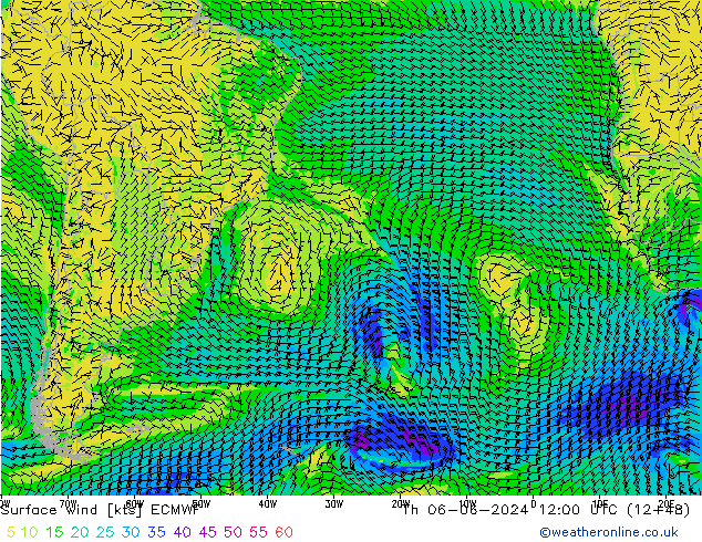 Vento 10 m ECMWF Qui 06.06.2024 12 UTC