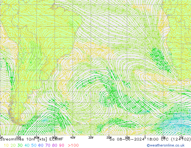 Linha de corrente 10m ECMWF Sáb 08.06.2024 18 UTC