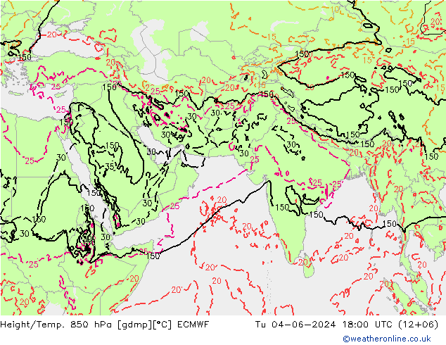 Height/Temp. 850 hPa ECMWF Tu 04.06.2024 18 UTC