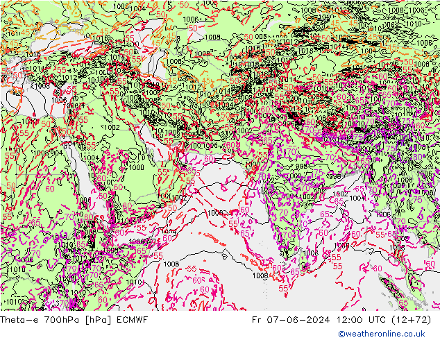 Theta-e 700hPa ECMWF Pá 07.06.2024 12 UTC