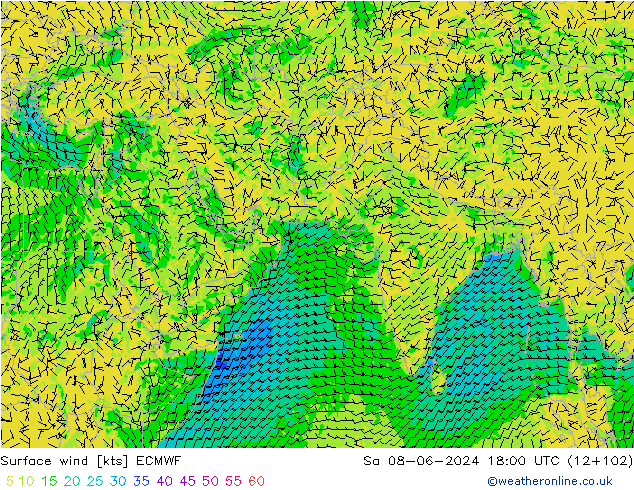 wiatr 10 m ECMWF so. 08.06.2024 18 UTC