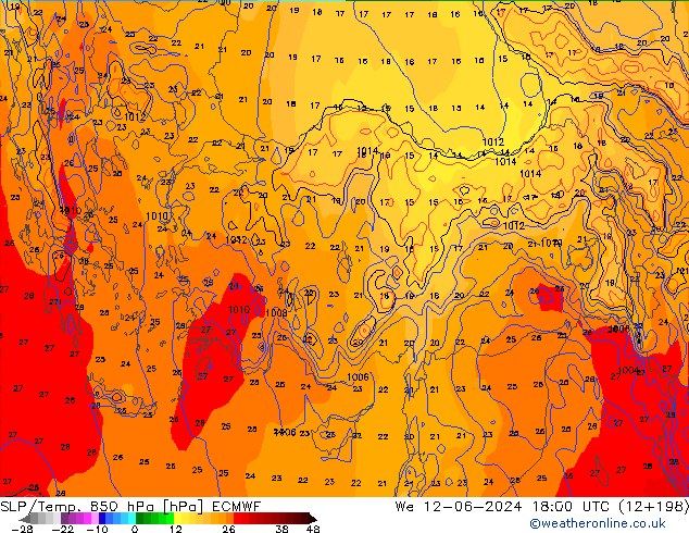 850 hPa Yer Bas./Sıc ECMWF Çar 12.06.2024 18 UTC