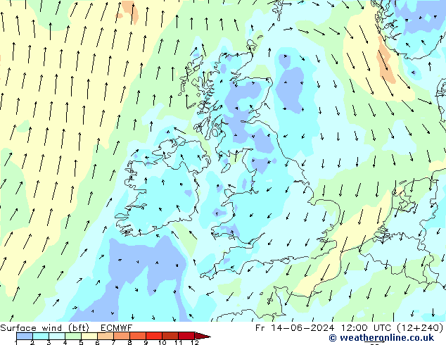 Surface wind (bft) ECMWF Fr 14.06.2024 12 UTC