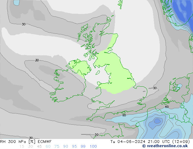 RH 300 hPa ECMWF Út 04.06.2024 21 UTC