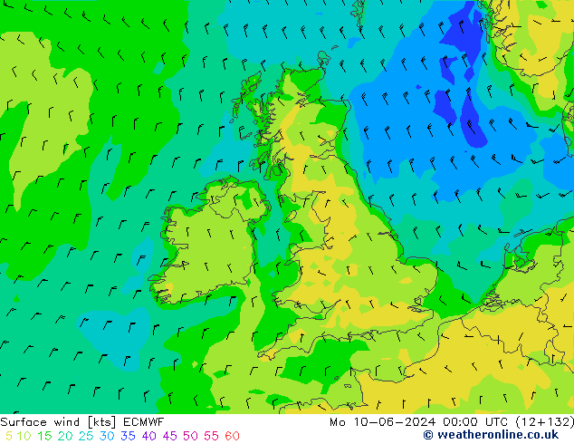 wiatr 10 m ECMWF pon. 10.06.2024 00 UTC