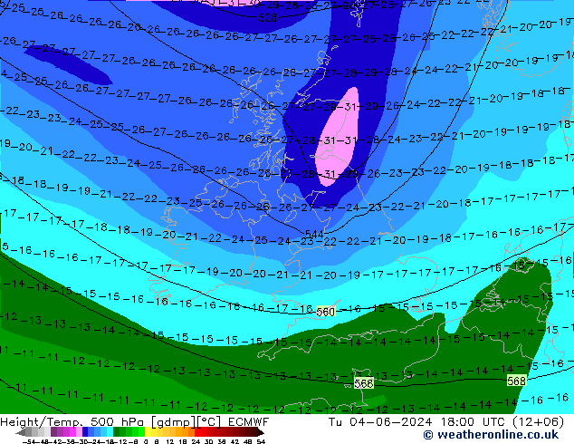 Z500/Rain (+SLP)/Z850 ECMWF вт 04.06.2024 18 UTC