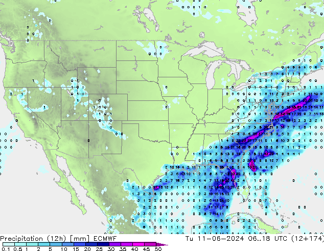 Totale neerslag (12h) ECMWF di 11.06.2024 18 UTC