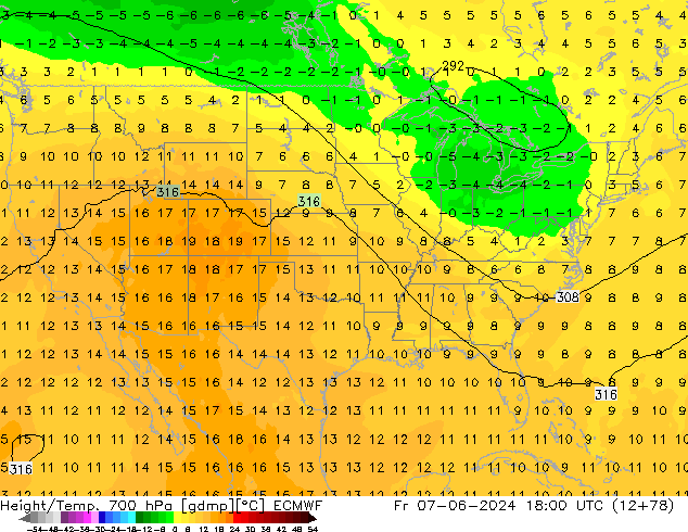 Hoogte/Temp. 700 hPa ECMWF vr 07.06.2024 18 UTC